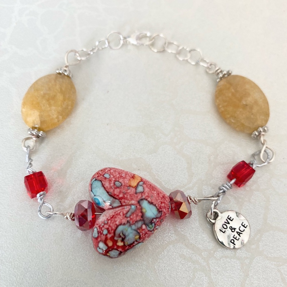 Love & Peace Red Heart Beaded Gemstone Bracelet